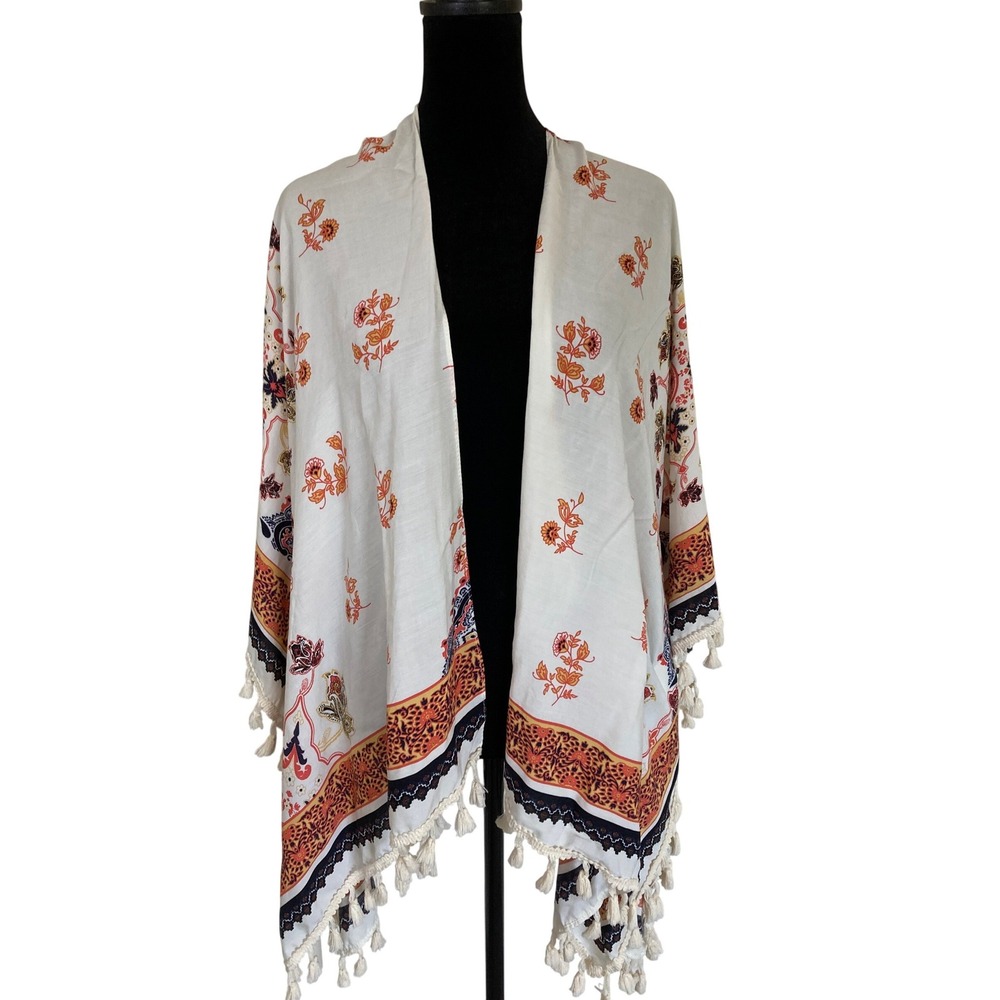 Altar'd State Womens S/M Kimono Wrap White Orange Paisley Floral Tassel Fringe